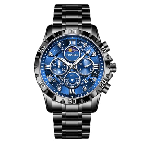 rorios Multifunktional Herrenuhren Elegant Diamant Uhren Analoge Quarz Uhr Edelstahl Chronograp Uhr Mode Armbanduhren für Herren Schwarz Blau von rorios