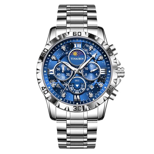 rorios Multifunktional Herrenuhren Elegant Diamant Uhren Analoge Quarz Uhr Edelstahl Chronograp Uhr Mode Armbanduhren für Herren Silber Blau von rorios