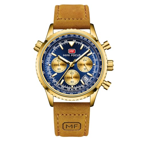 rorios Multifunktional Herrenuhren Luftfahrt Flug Chronograph Armbanduhren Einfach Quarz Uhren Freizeit Edelstahl Uhr für Männer Herren mit Leder Armband Blau Gold von rorios