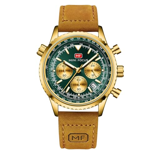 rorios Multifunktional Herrenuhren Luftfahrt Flug Chronograph Armbanduhren Einfach Quarz Uhren Freizeit Edelstahl Uhr für Männer Herren mit Leder Armband Grün Gold von rorios
