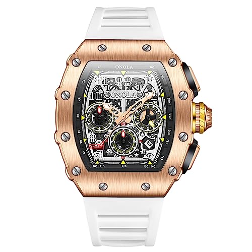 rorios Multifunktional Herrenuhren Sport 50M wasserdichte Uhr Männer Analog Quarz Uhr Tonneau Punk Watch Mode Silikon Armband Uhr Rose weiß von rorios