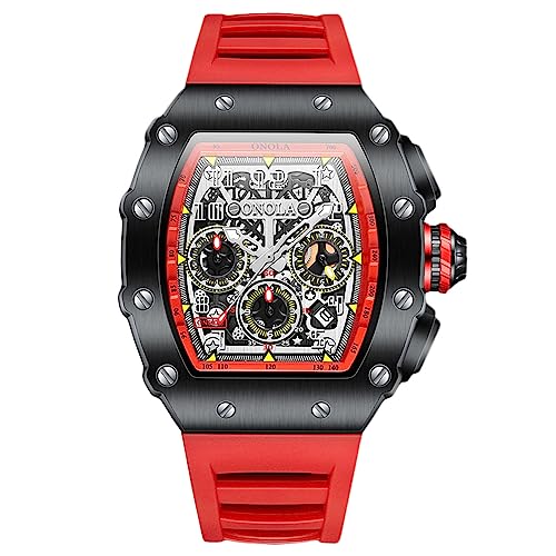 rorios Multifunktional Herrenuhren Sport 50M wasserdichte Uhr Männer Analog Quarz Uhr Tonneau Punk Watch Mode Silikon Armband Uhr Schwarz rot von rorios