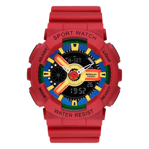 rorios Paar Elektronische Uhren Multifunktional Militär Armbanduhr Herren Damen Uhr Digital Analog Quarz Uhr Dual Display Harz Armband für Mädchen Jungen Hell Rot B von rorios
