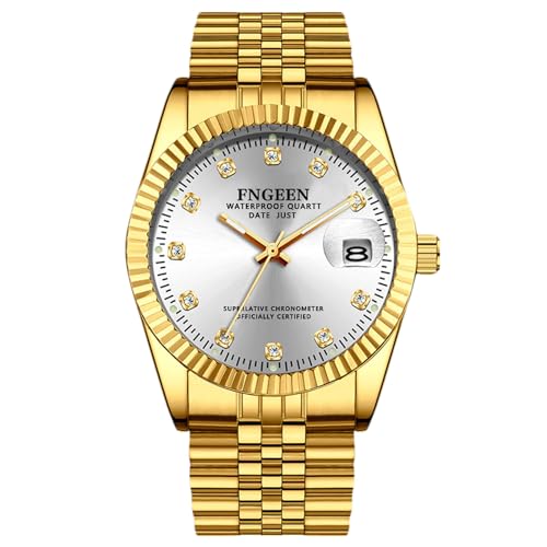 rorios Paar Quarz Uhren Damen Herren Armbanduhr Business Edelstahl Uhr Elegante wasserdichte Uhr Leuchtend Analoge Uhr Diamant Datum Kalender Uhr Gold weiß A von rorios