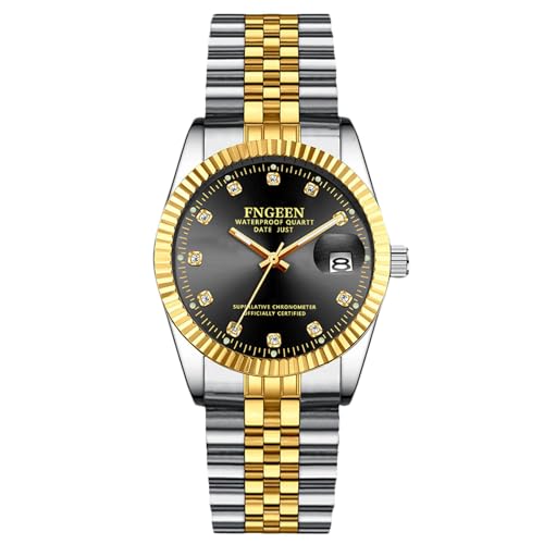 rorios Paar Quarz Uhren Damen Herren Armbanduhr Business Edelstahl Uhr Elegante wasserdichte Uhr Leuchtend Analoge Uhr Diamant Datum Kalender Uhr Silber schwarz B von rorios