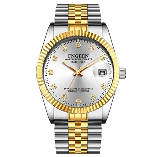 rorios Paar Quarz Uhren Damen Herren Armbanduhr Business Edelstahl Uhr Elegante wasserdichte Uhr Leuchtend Analoge Uhr Diamant Datum Kalender Uhr Silber weiß A von rorios