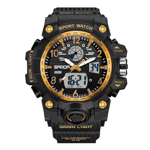 rorios Paar Sport Armbanduhr Dual Display Elektronische Uhr Digital Analog Quarz Uhren Multifunktional Militär Uhren für Damen 50M wasserdichte Schwarz Gold von rorios