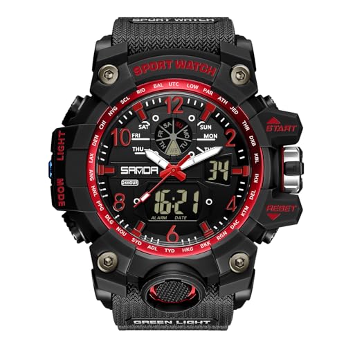 rorios Paar Sport Armbanduhr Dual Display Elektronische Uhr Digital Analog Quarz Uhren Multifunktional Militär Uhren für Damen 50M wasserdichte Schwarz Rot von rorios