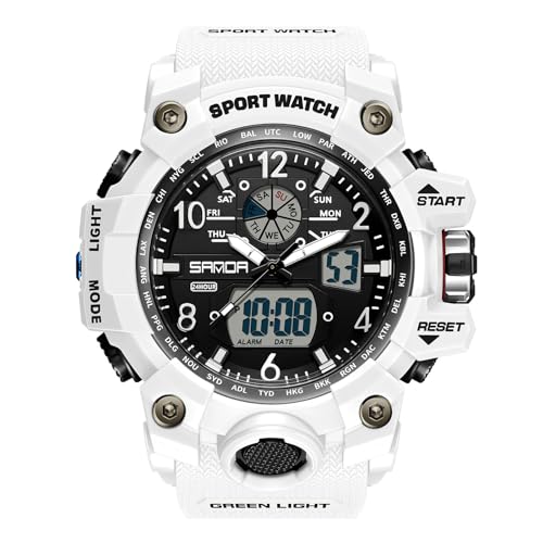 rorios Paar Sport Armbanduhr Dual Display Elektronische Uhr Digital Analog Quarz Uhren Multifunktional Militär Uhren für Herren 50M wasserdichte Weiß A von rorios