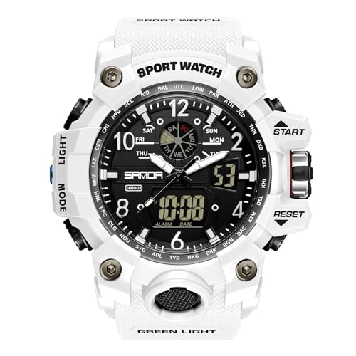 rorios Paar Sport Armbanduhr Dual Display Elektronische Uhr Digital Analog Quarz Uhren Multifunktional Militär Uhren für Herren 50M wasserdichte Weiß B von rorios