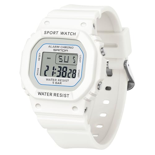 rorios Quadratische Elektronische Uhren Jungen Mädchen Freizeit Armbanduhr Mode Multifunktional Digital Uhr Einfache wasserdichte für Herren Damen Weiß B von rorios