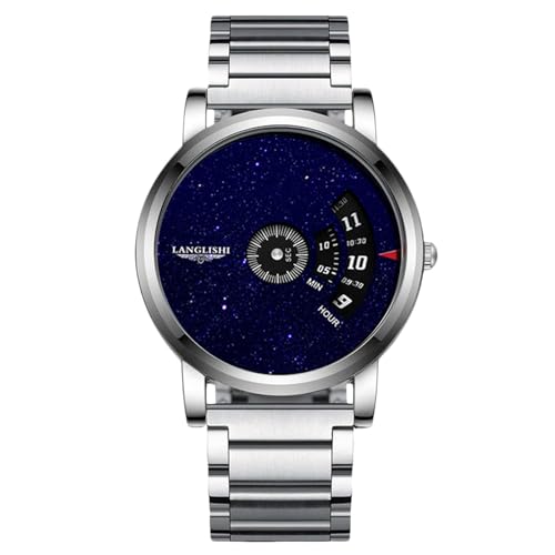 rorios Quartz Herrenuhren Kreatives Design Uhr Einzigartige Analoge Armbanduhr Mode Sternenhimmel Uhren Elegante Edelstahl Uhr für Herren Männer Silber Blau von rorios
