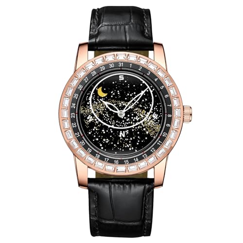 rorios Quartz Herrenuhren Leuchtend Sternenhimmel Armbanduhr Elegant Leder Armband Uhren Mode Analogue für Herren Männer Schwarz Gold von rorios