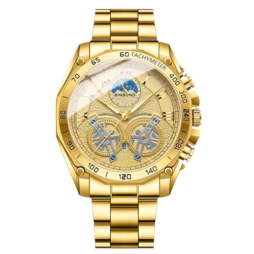 rorios Quarz Armbanduhren für Herren Freizeit Edelstahl Uhren Mode Analog Uhr Leuchtend Datum Kalender Uhr für Männer Gold von rorios