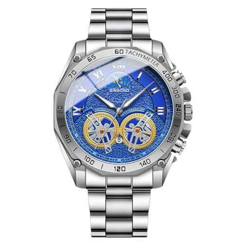 rorios Quarz Armbanduhren für Herren Freizeit Edelstahl Uhren Mode Analog Uhr Leuchtend Datum Kalender Uhr für Männer Weiß Blau von rorios