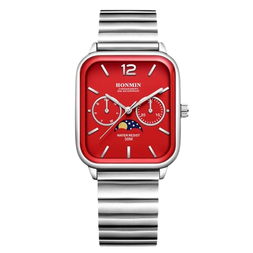 rorios Quarz Herren Kalenderuhr Analog Quarz Klassiker Business/Freizeit Watch Datumsanzeige Wasserdicht Watches Rechteckiges Zifferblatt & Edelstahlarmband Rot von rorios