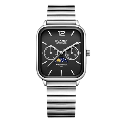 rorios Quarz Herren Kalenderuhr Analog Quarz Klassiker Business/Freizeit Watch Datumsanzeige Wasserdicht Watches Rechteckiges Zifferblatt & Edelstahlarmband Schwarz von rorios