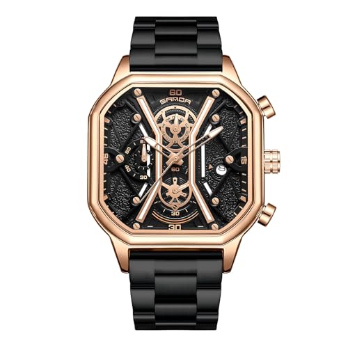 rorios Quarz Uhren für Herren Business Edelstahl Armbanduhr Leuchtend Analog Uhr Multifunktional Chronograph Uhr Mode Quadrat UH für Männer Schwarz Gold C von rorios