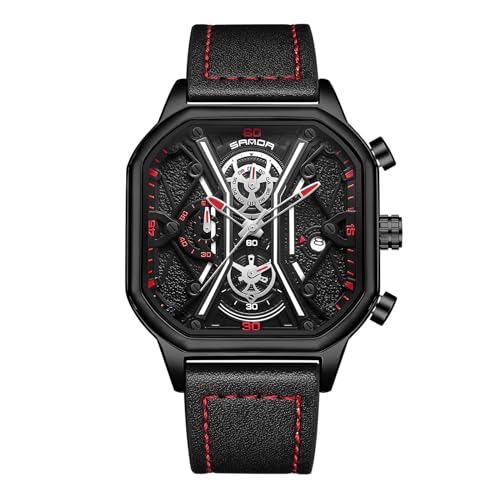 rorios Quarz Uhren für Herren Business Edelstahl Armbanduhr Leuchtend Analog Uhr Multifunktional Chronograph Uhr Mode Quadrat UH für Männer Schwarz Rot A von rorios