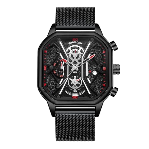 rorios Quarz Uhren für Herren Business Edelstahl Armbanduhr Leuchtend Analog Uhr Multifunktional Chronograph Uhr Mode Quadrat UH für Männer Schwarz Rot B von rorios