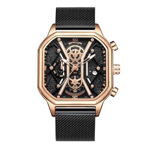 rorios Quarz Uhren für Herren Business Edelstahl Armbanduhr Leuchtend Analog Uhr Multifunktional Chronograph Uhr Mode Quadrat UH für Männer Schwarzgold B von rorios