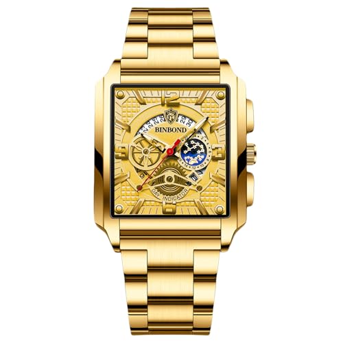 rorios Rechteckige Herrenuhren Mode Analog Quarz Armbanduhr Herren Business wasserdichte Uhren Leuchtend Edelstahl Armband für Männer Gold von rorios