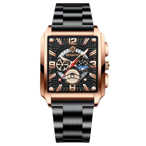 rorios Rechteckige Herrenuhren Mode Analog Quarz Armbanduhr Herren Business wasserdichte Uhren Leuchtend Edelstahl Armband für Männer schwarz Gold A von rorios