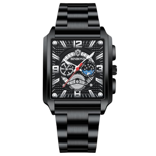 rorios Rechteckige Herrenuhren Mode Analog Quarz Armbanduhr Herren Business wasserdichte Uhren Leuchtend Edelstahl Armband für Männer schwarz weiß A von rorios