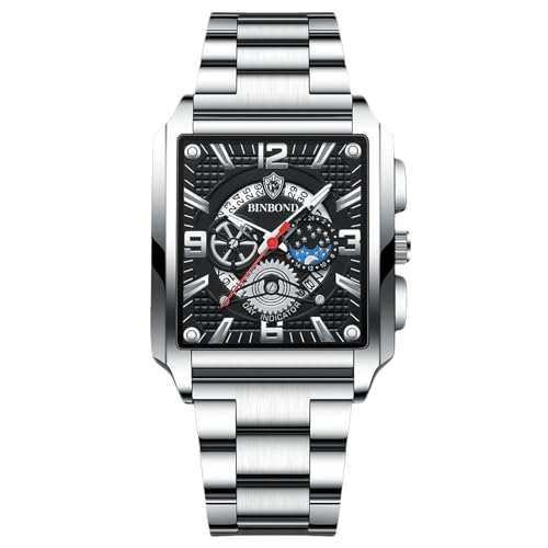 rorios Rechteckige Herrenuhren Mode Analog Quarz Armbanduhr Herren Business wasserdichte Uhren Leuchtend Edelstahl Armband für Männer schwarz weiß B von rorios