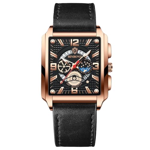 rorios Rechteckige Herrenuhren Mode Analog Quarz Armbanduhr Herren Business wasserdichte Uhren Leuchtend Leder Armband für Männer Schwarze Rose B von rorios