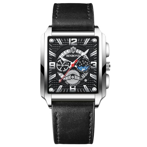 rorios Rechteckige Herrenuhren Mode Analog Quarz Armbanduhr Herren Business wasserdichte Uhren Leuchtend Leder Armband für Männer schwarz weiß D von rorios