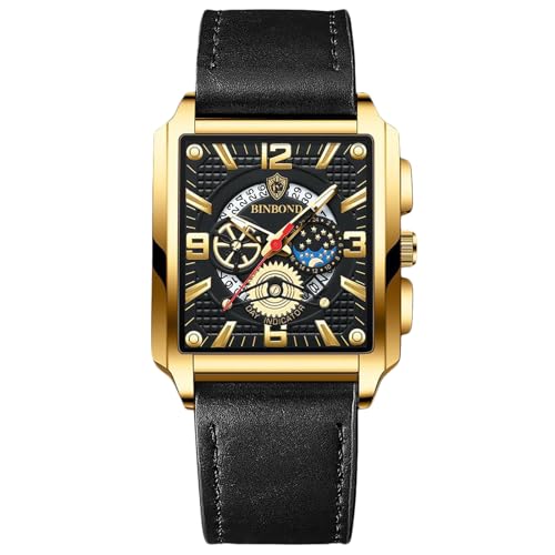 rorios Rechteckige Herrenuhren Mode Analog Quarz Armbanduhr Herren Business wasserdichte Uhren Leuchtend Leder Armband für Männer schwarzgold C von rorios