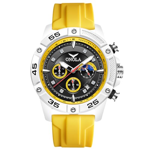 rorios Stilvolle Armbanduhren für Herren Sport Casual Uhren Multifunktionale Analoge Quarz Armbanduhr Chronograph Leuchtende Uhr mit Silikonarmband Gelb von rorios