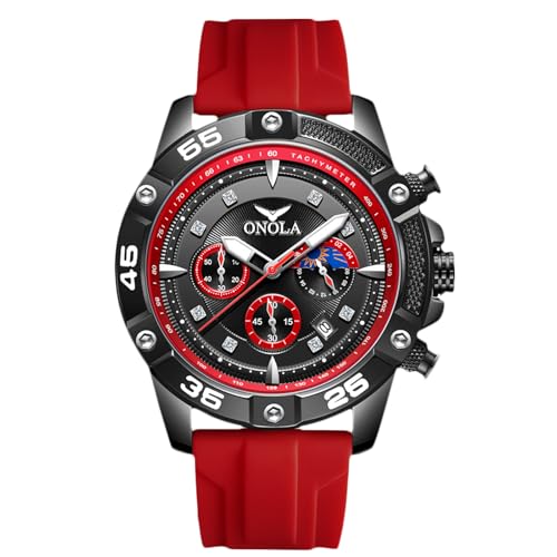 rorios Stilvolle Armbanduhren für Herren Sport Casual Uhren Multifunktionale Analoge Quarz Armbanduhr Chronograph Leuchtende Uhr mit Silikonarmband Rot von rorios
