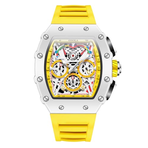 rorios Tonneau Armbanduhren für Herren Analog Quarz Uhr Silikon Sport Uhr Männer Mode Uhren Leuchtend Datum Kalender Uhren Gelb von rorios