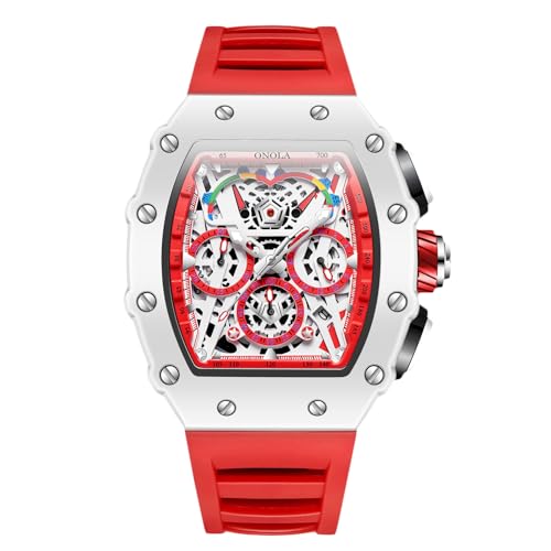 rorios Tonneau Armbanduhren für Herren Analog Quarz Uhr Silikon Sport Uhr Männer Mode Uhren Leuchtend Datum Kalender Uhren Rot von rorios