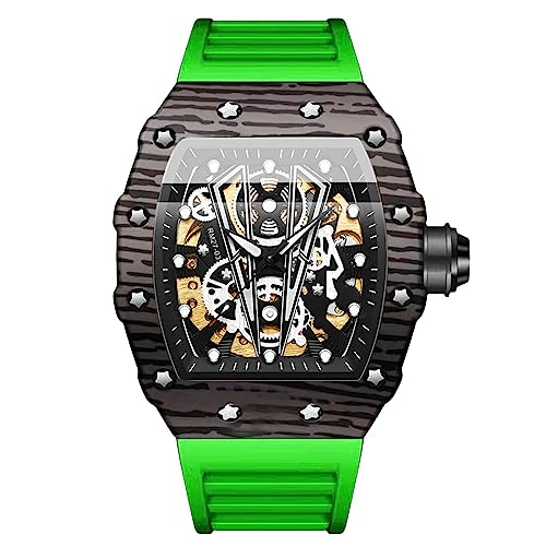 Rorios Tonneau Armbanduhren für Herren - Mechanische Automatik Uhr, Mode Sport, Wasserdicht, Leuchtend, Punk-Stil Mit Silikon Armband in Grün von rorios