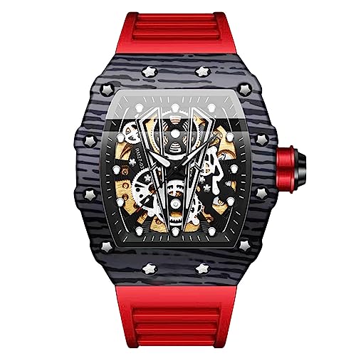 rorios Tonneau Armbanduhren für Herren Mechanische Automatik Uhr Mode Sport Uhr Wasserdicht Leuchtend Watch Männer Punk Uhr Silikon Armband Rot schwarz A von rorios
