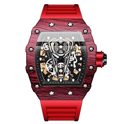 rorios Tonneau Armbanduhren für Herren Mechanische Automatik Uhr Mode Sport Uhr Wasserdicht Leuchtend Watch Männer Punk Uhr Silikon Armband Rot von rorios