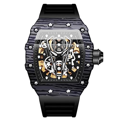 Rorios Tonneau Armbanduhren für Herren - Mechanische Automatik Uhr, Mode Sport Wasserdicht Leuchtend Watch, Männer Punk Mit Silikon Armband Schwarz von rorios