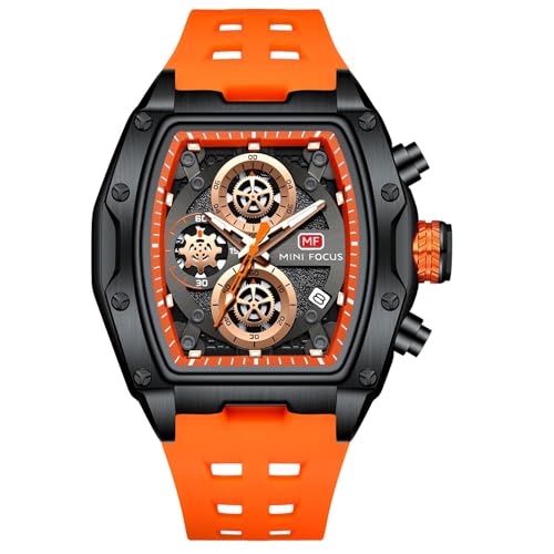 rorios Tonneau Armbanduhren für Herren Mode Multifunktional Uhr Analog Quarz Herrenuhren Punk Chronograph Uhren für Männer mit Silikon Armband Orange von rorios