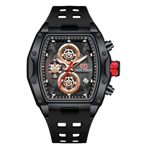 rorios Tonneau Armbanduhren für Herren Mode Multifunktional Uhr Analog Quarz Herrenuhren Punk Chronograph Uhren für Männer mit Silikon Armband Schwarz A von rorios