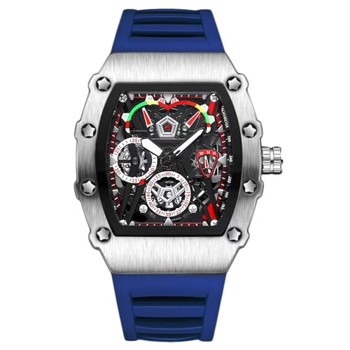 rorios Tonneau Armbanduhren für Herren Mode Sport Edelstahl Uhr Mode Quarz Uhr Leuchtend Analog Herrenuhr Sport Edelstahl Uhren mit Silikon Armband Blau von rorios