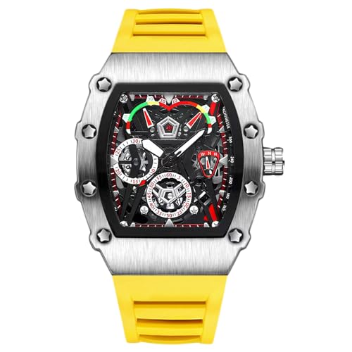 rorios Tonneau Armbanduhren für Herren Mode Sport Edelstahl Uhr Mode Quarz Uhr Leuchtend Analog Herrenuhr Sport Edelstahl Uhren mit Silikon Armband Gelb von rorios