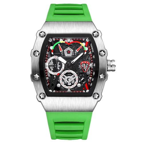 rorios Tonneau Armbanduhren für Herren Mode Sport Edelstahl Uhr Mode Quarz Uhr Leuchtend Analog Herrenuhr Sport Edelstahl Uhren mit Silikon Armband Grün von rorios