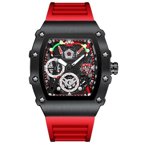 rorios Tonneau Armbanduhren für Herren Mode Sport Edelstahl Uhr Mode Quarz Uhr Leuchtend Analog Herrenuhr Sport Edelstahl Uhren mit Silikon Armband Rot von rorios