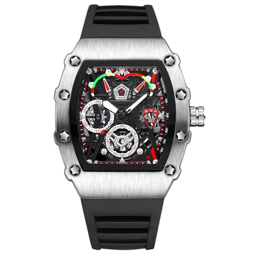 rorios Tonneau Armbanduhren für Herren Mode Sport Edelstahl Uhr Mode Quarz Uhr Leuchtend Analog Herrenuhr Sport Edelstahl Uhren mit Silikon Armband Schwarz B von rorios