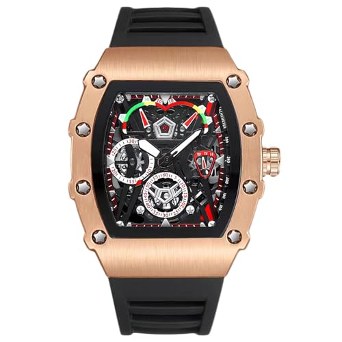 rorios Tonneau Armbanduhren für Herren Mode Sport Edelstahl Uhr Mode Quarz Uhr Leuchtend Analog Herrenuhr Sport Edelstahl Uhren mit Silikon Armband Schwarz C von rorios
