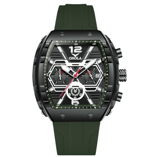 rorios Tonneau Armbanduhren für Herren Stilvolle Casual Herrenuhren Sport Analoge Quarz Uhr mit Silikon Armband Multifunktionale Chronograph Grün von rorios