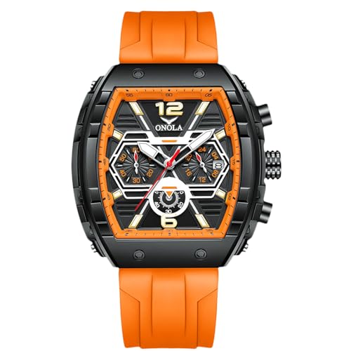 rorios Tonneau Armbanduhren für Herren Stilvolle Casual Herrenuhren Sport Analoge Quarz Uhr mit Silikon Armband Multifunktionale Chronograph Orange von rorios